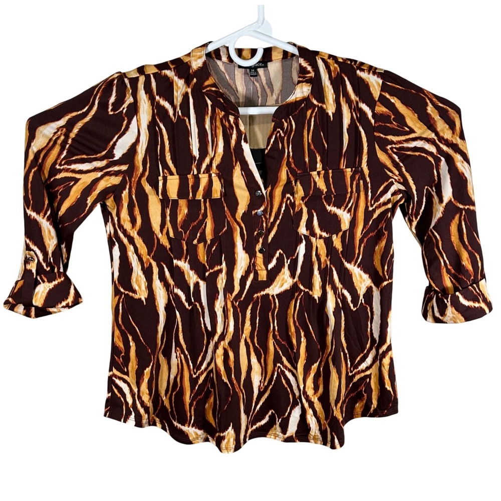 Ava & Grace Womens Brown Tiger Stripe 3/4 Sleeve Button Front Blouse Size M New